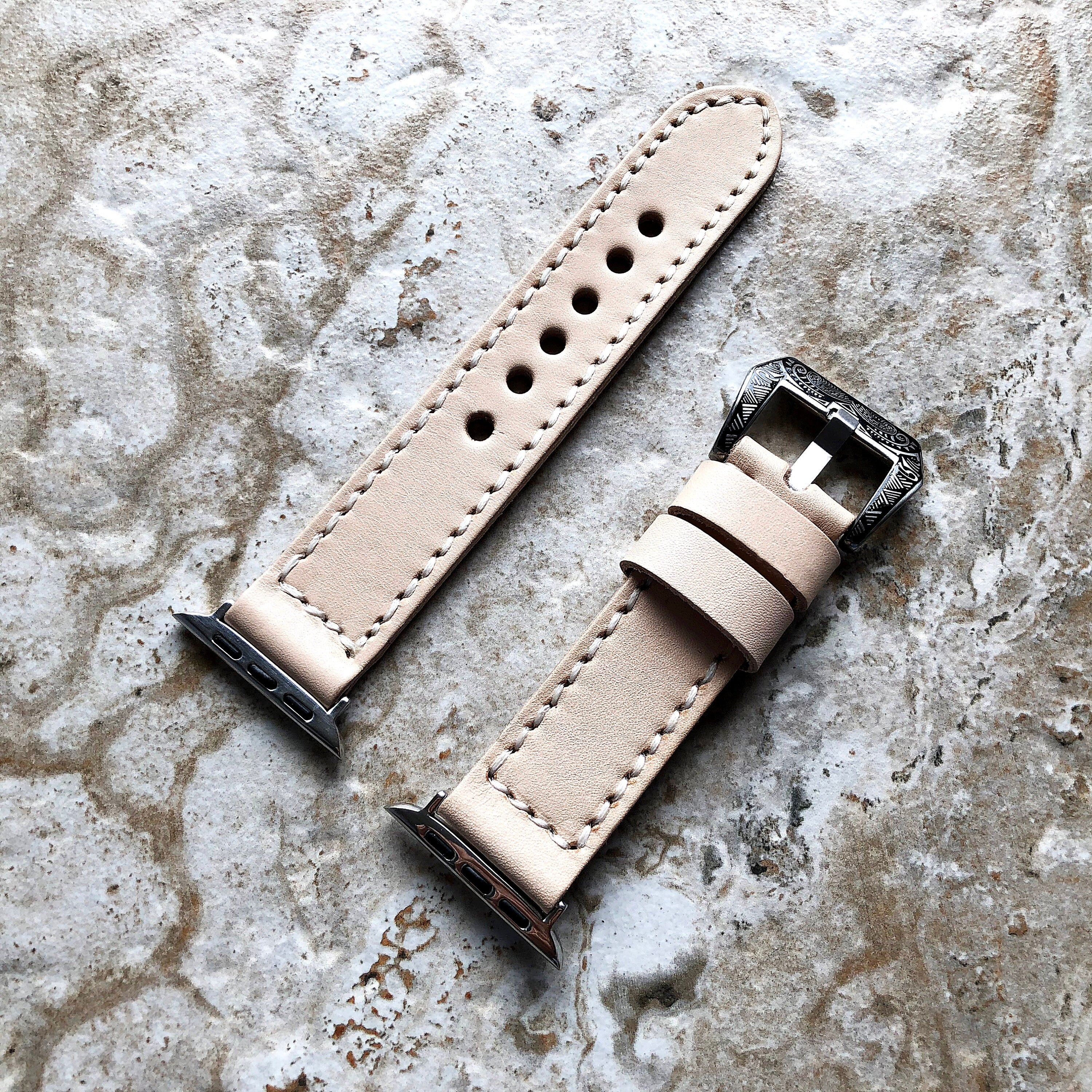Veggie Tanned Band 22mm 24mm 25mm Compatible with Apple Watch Fitbit Versa 2 3 4 Sense 2 Ionic Natural Color Stitched Leather Strap